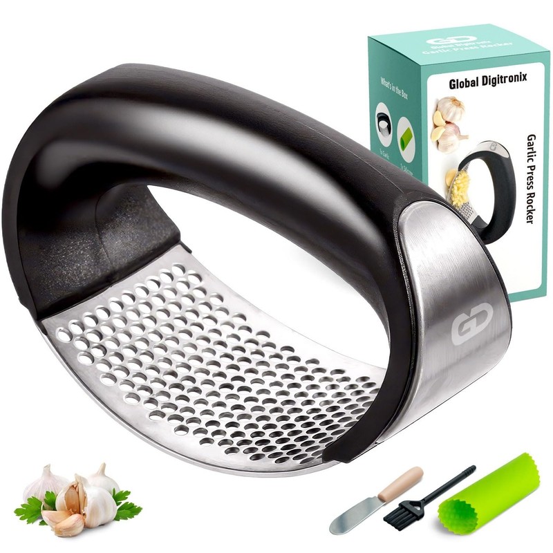 Garlic press rocker, crusher, mincer tool stainless steel with a Small, Black