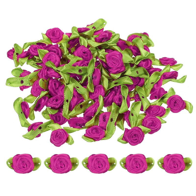Mini Ribbon Roses, 200 Pcs Tiny Satin Fabric Flowers with Green Leaves, Rose Red