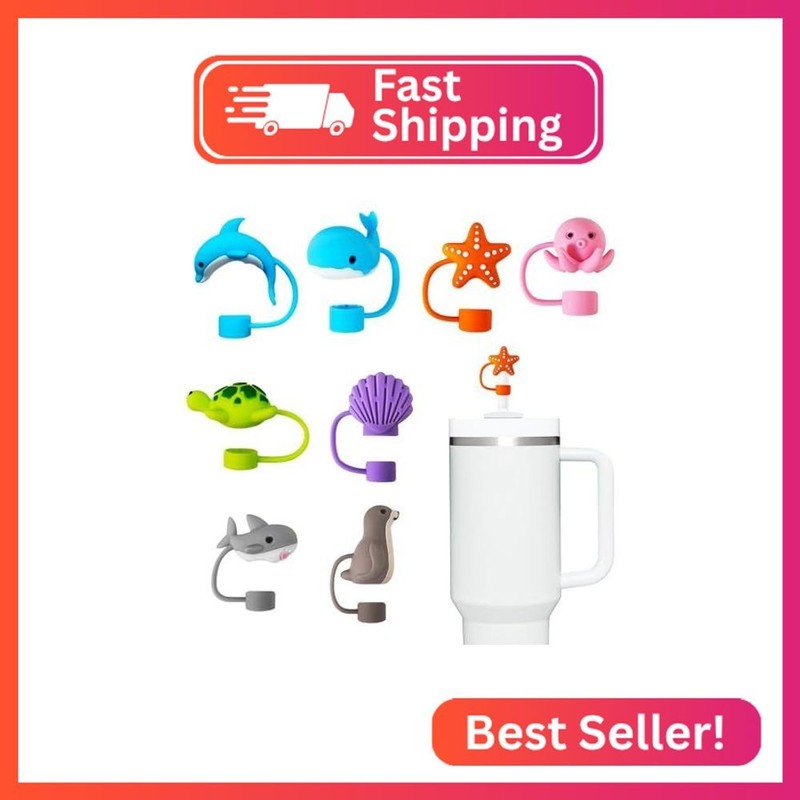 8PCS Stanley Straw Cover, Silicone Ocean Animal Straw Topper For Stanley 14oz&20