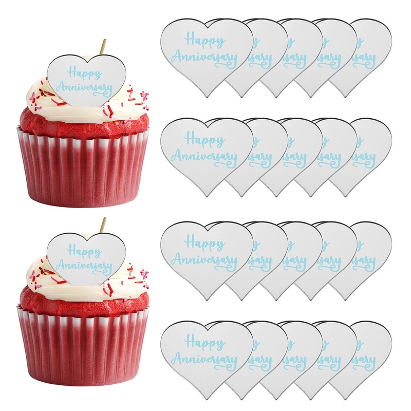 20Pcs Acrylic Mirror Happy Anniversary Cupcake Toppers Heart Shapes, 059-Silver