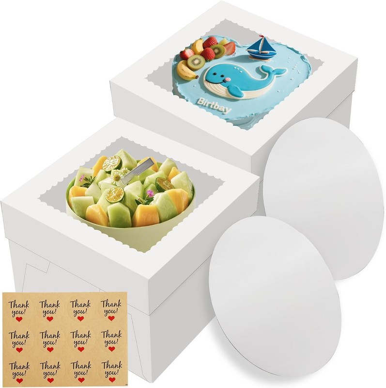 2 Pack Cake Boxes, 12x12x8 Inches Tall Cake Box with Cake Boards, White Baker... gallery