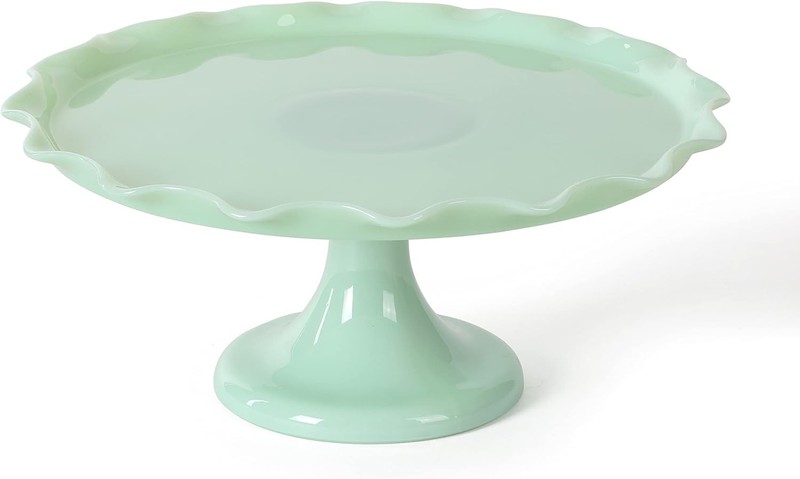 11" Jadeite Glass Cake Stand Handmade Vintage-Style Dessert Ruffle Trim Pedestal