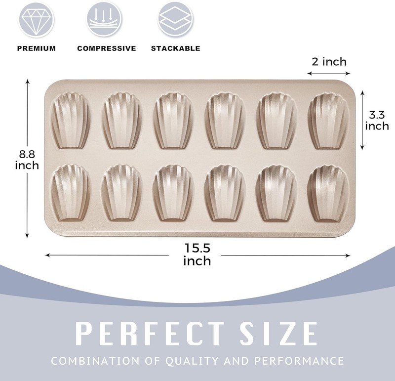 HONGBAKE Nonstick Madeleine Pan 2 Pack 12-Cavity Heavy 2 pack, Champagne Gold gallery