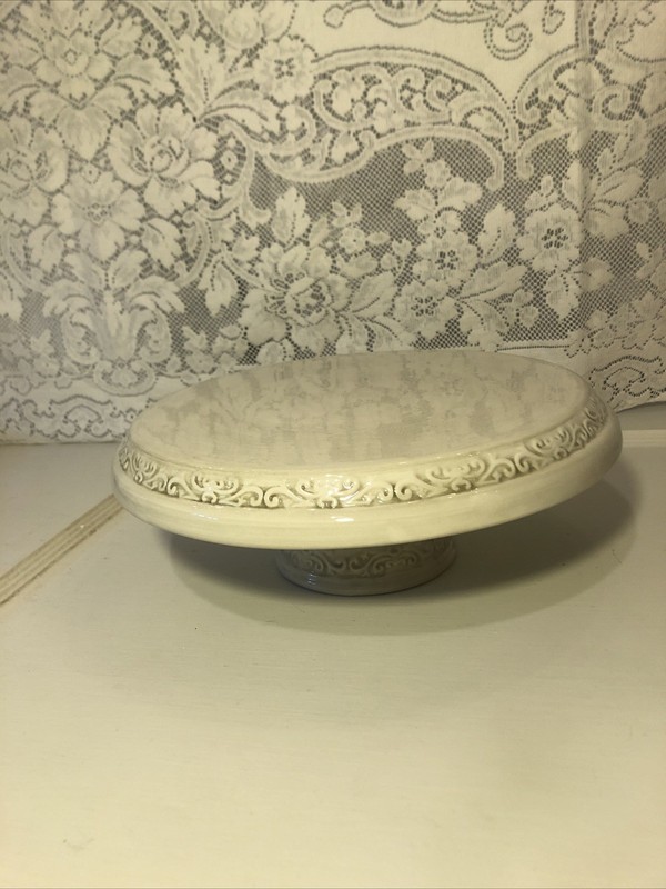 Cake Stand Ivory Ceramic Scroll Design 12 Inch