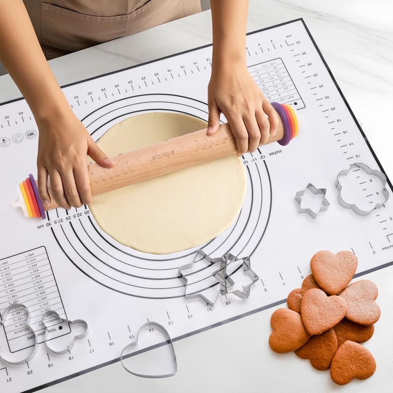 Wooden Rolling Pin with Thickness Rings and Pastry Baking Mat, Pizza, Cookie,... gallery