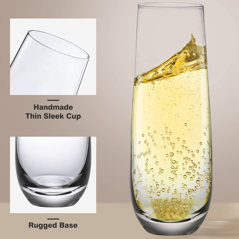Stemless Champagne Flutes Set of 4，Hand Blown Crystal Glasses, 10.2oz Cha gallery