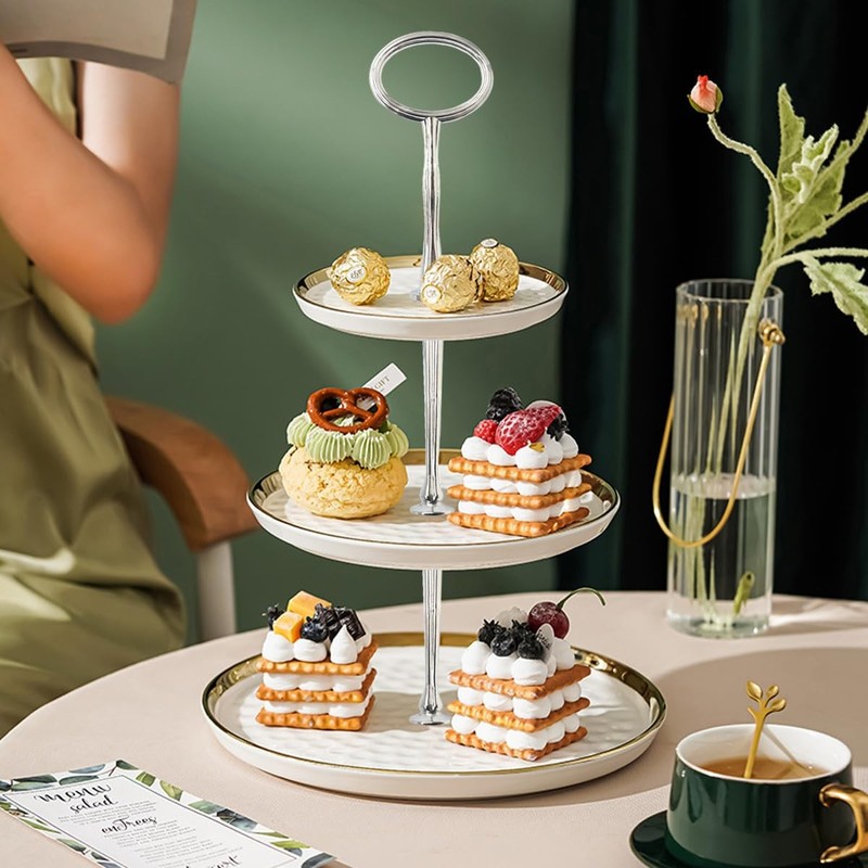 4-Sets 15in 3-Tier Silver Oval Cake Tray Stand Handle Metal Dessert Rod gallery