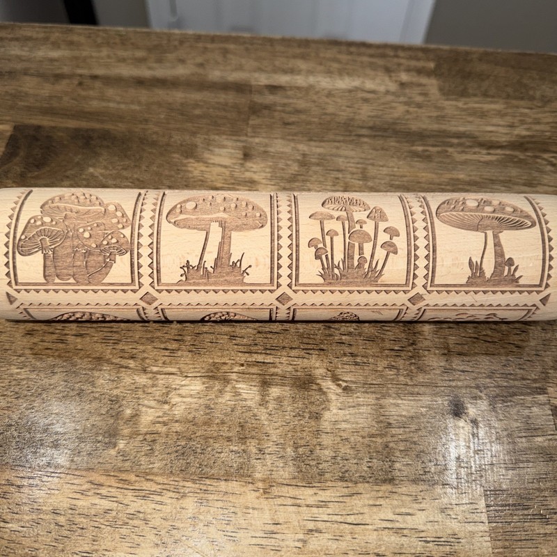 15″ Embossed Wooden Rolling Pin, Engraved Mushrooms