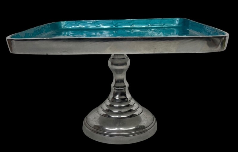 Elegant Silver Metal &Teal Enameled Square Pedestal Cake Stand 11.75″ W x 8.5″ H