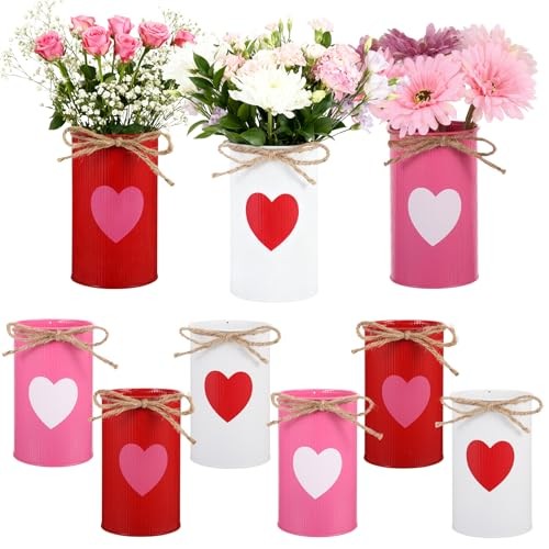 6 Pcs Valentine's Day Vases Heart Galvanized Flower Buckets Table Centerpiece