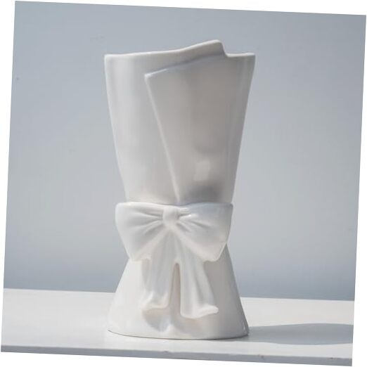 Fully Ceramic Bow Vase 9.64 in Unique Cute Modern Decorative Glazed White