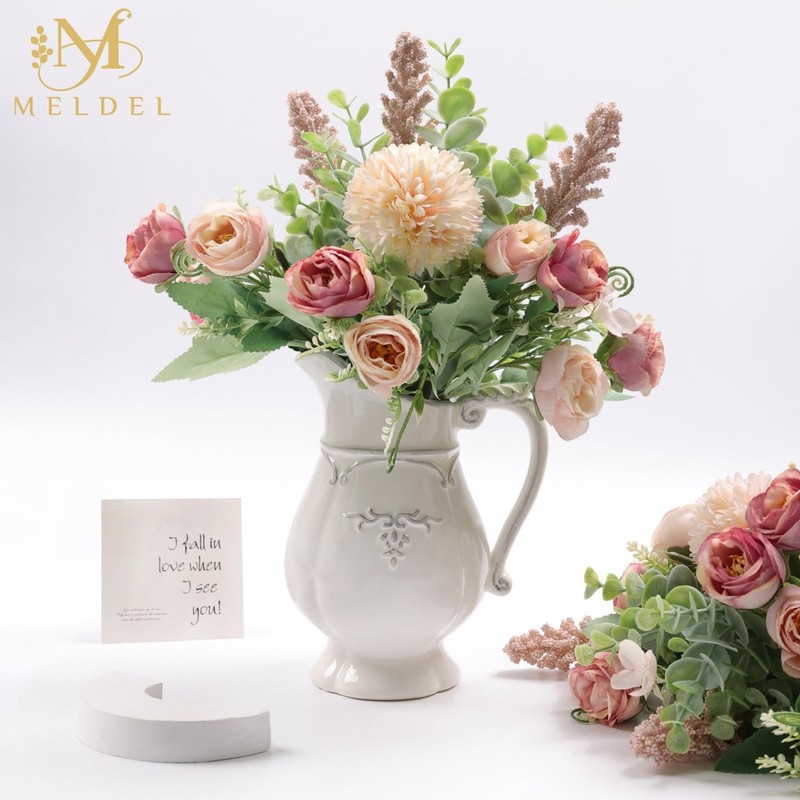 Meldel 3Pcs Rose Bouquet Pink Artificial Flowers Eucalyptus Plants Fake Silk gallery