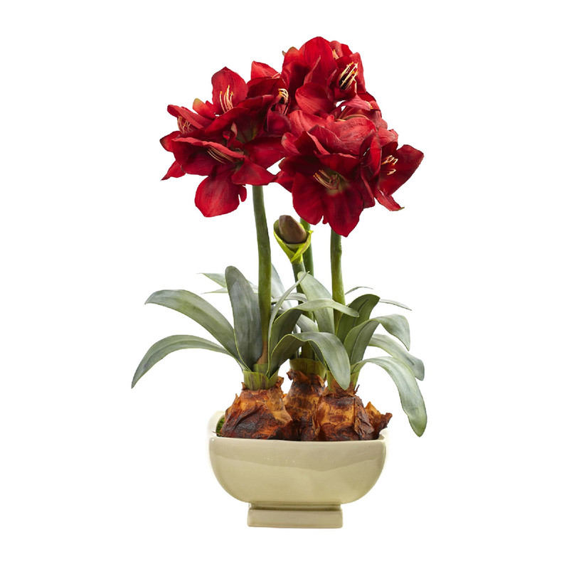 Nearly Natural Amaryllis Arrangement Vase