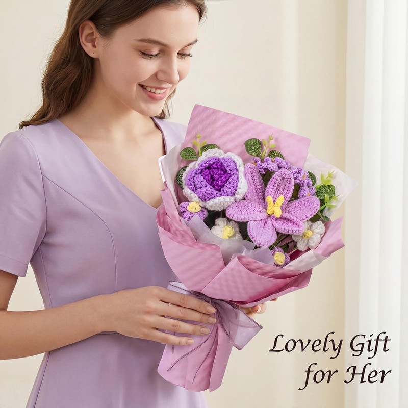 Busymouth Crochet Flower Bouquet Purple Handmade Knitted Flowers Lily And Rose gallery