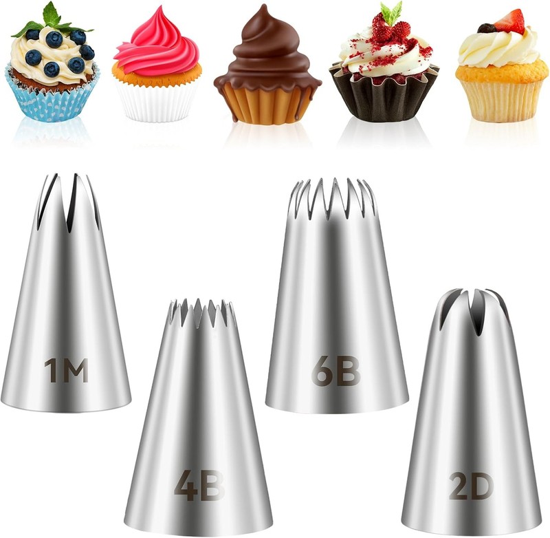 Flower Piping Tips Set, 4Pcs 1M 2D 4B 6B Star Tips for Piping, Open Star