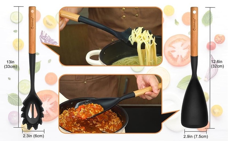 Silicone Cooking Spoon and Pasta Fork Set, 2 Pa Lar Spatula Spoons Set gallery