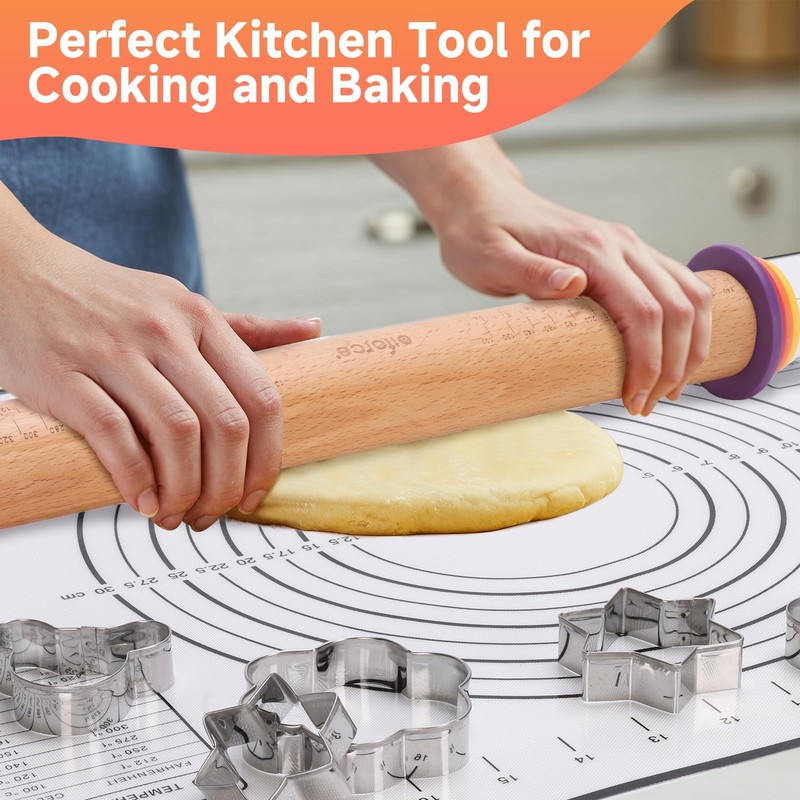 Wooden Rolling Pin with Thickness Rings and Pastry Baking Mat, Pizza, Cookie,... gallery