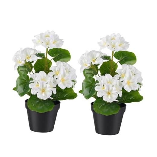 2 Pack Artificial Geranium Flowers in Pot Small 13 Inch Fake Plants White
