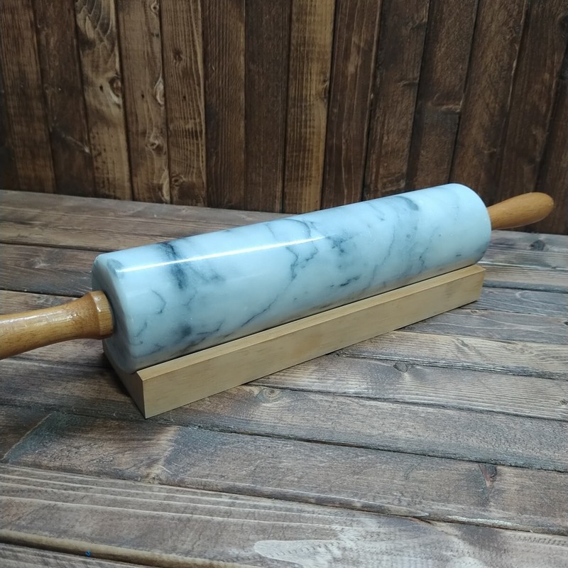Solid Marble Rolling Pin With Wooden Handles And Wooden Cradle White Grey 18in