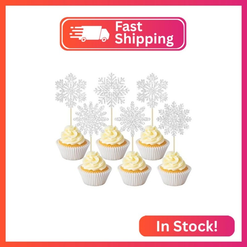 30pcs Snowflake Cupcake Toppers – Glitter Winter Frozen Theme Cupcake Picks – Ba