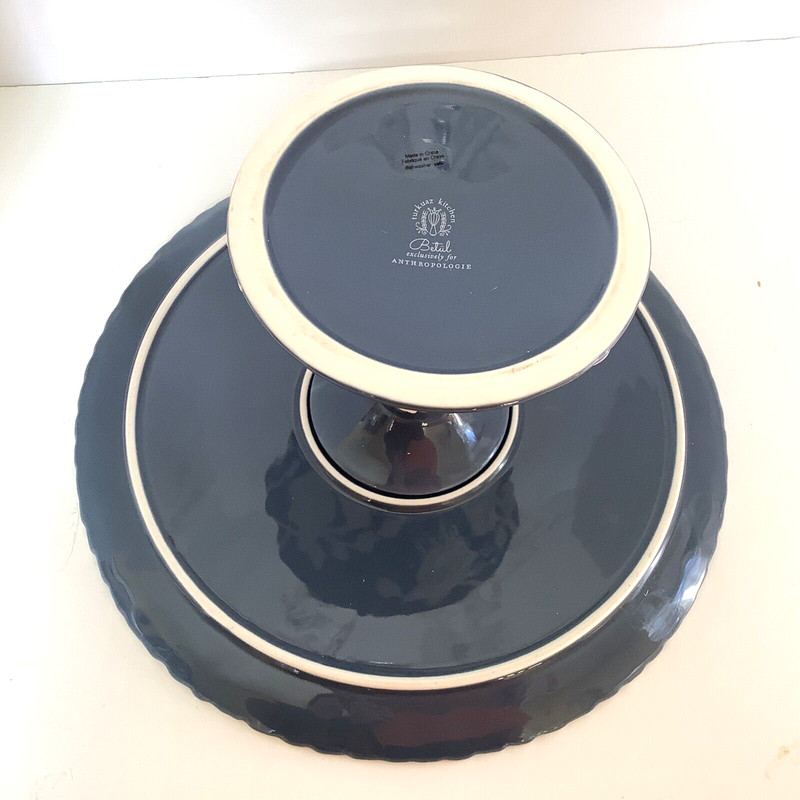 Anthropologie Turkuaz Kitchen Posy Cake Stand Betul Blue White Floral 11.5"D New gallery