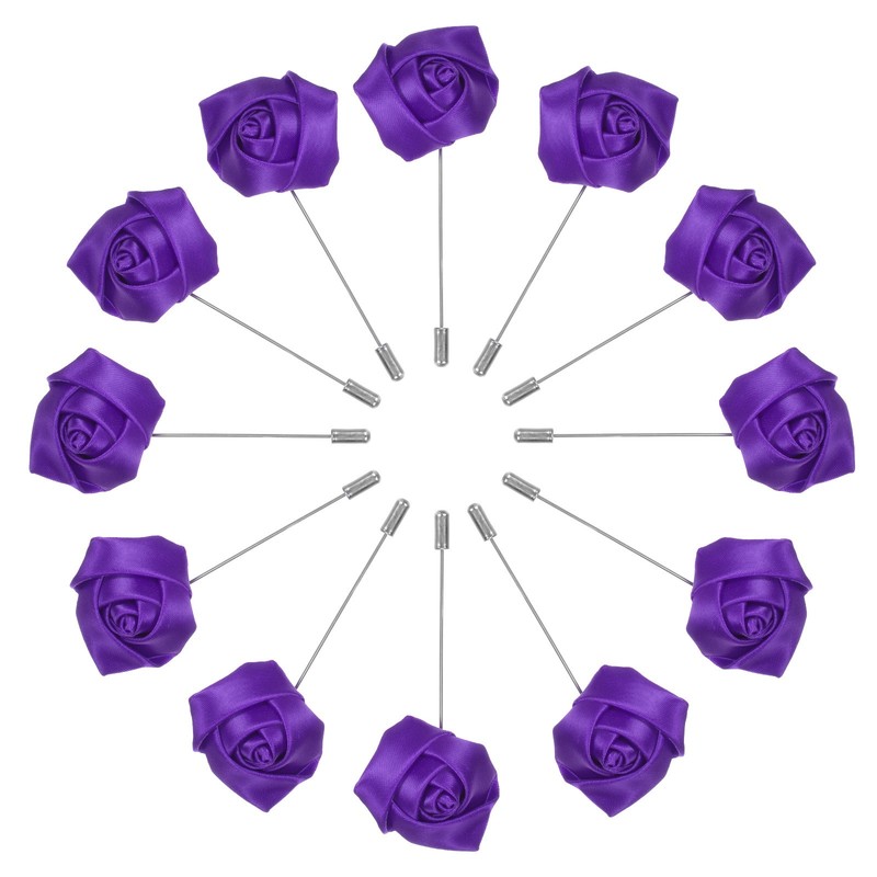 12-Pack Rose Boutonnieres, Lapel Pin Boutonnieres for Men Wedding [Dark Purple]