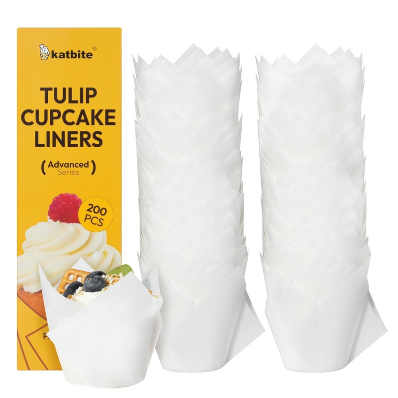 200 PCS Tulip Cupcake Liners Muffin Baking Cups ProSmooth Parchment White