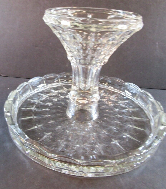 Indiana Glass Constellation Round Clear Glass Cake Stand 10" Rum Well Disc 1962 gallery
