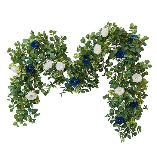 6.56ft Eucalyptus Garland with Flowers-8 Roses, Artificial Fake 1PC Blue White