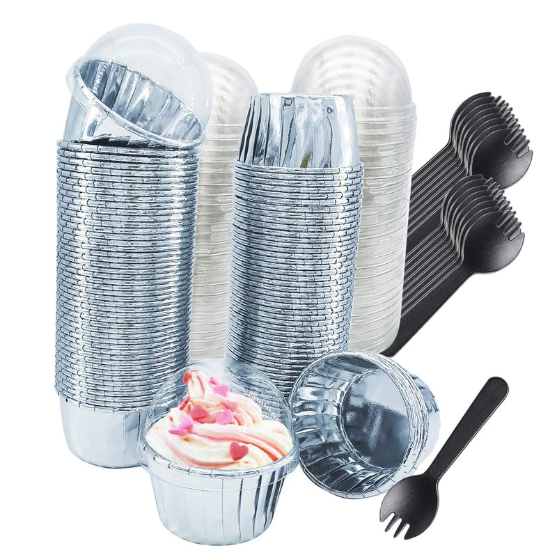 Foil Cupcake Liners with Lids 100Pack,Free-Air 3.5Oz Foil Baking Cups Mini Mu…