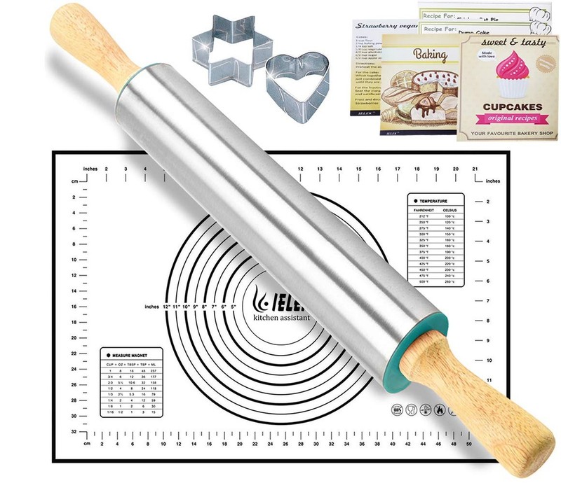 Rolling Pin Nonstick and Silicone Baking Pastry Mat Combo Kit Dough Rollers f…