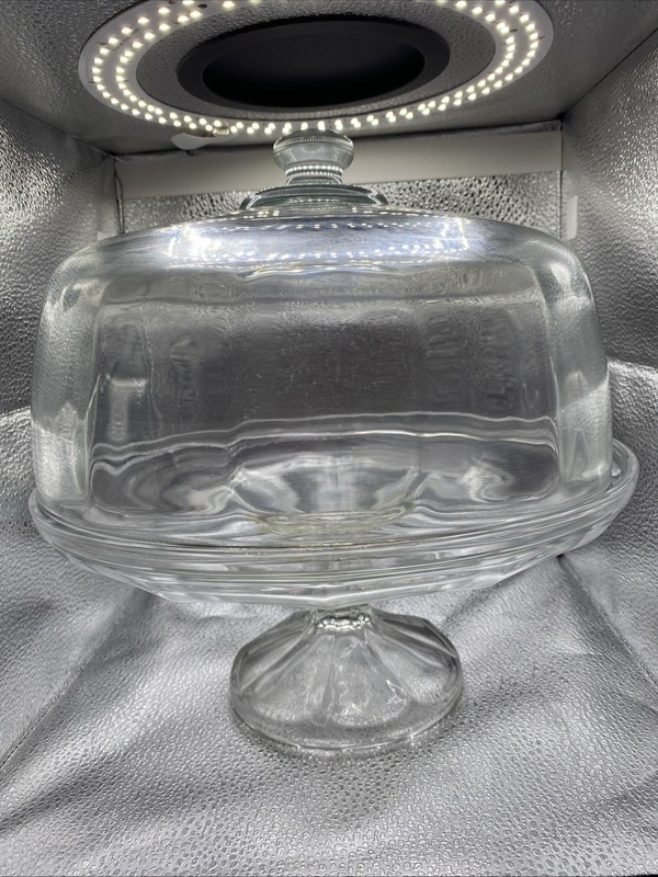 Vintage CLEAR GLASS ROUND Cake Stand With Lid In A Paneled Design, 12” Tall