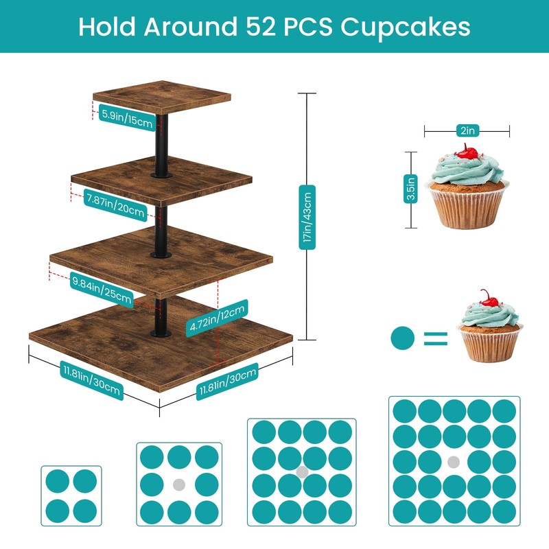 4 Tier Cupcake Stand, 360 Rotating Cupcake Stand for 50 Cupcakes, Square Tier... gallery