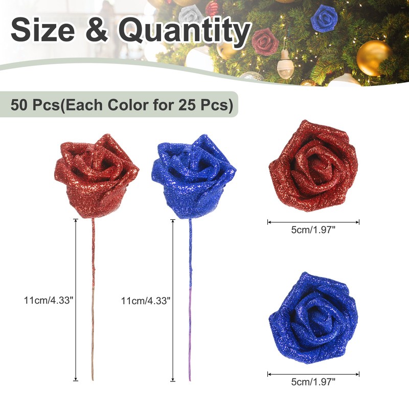50Pcs Glitter Roses, Foam Artificial Flowers Roses Heads with Stem, Red/Blue gallery