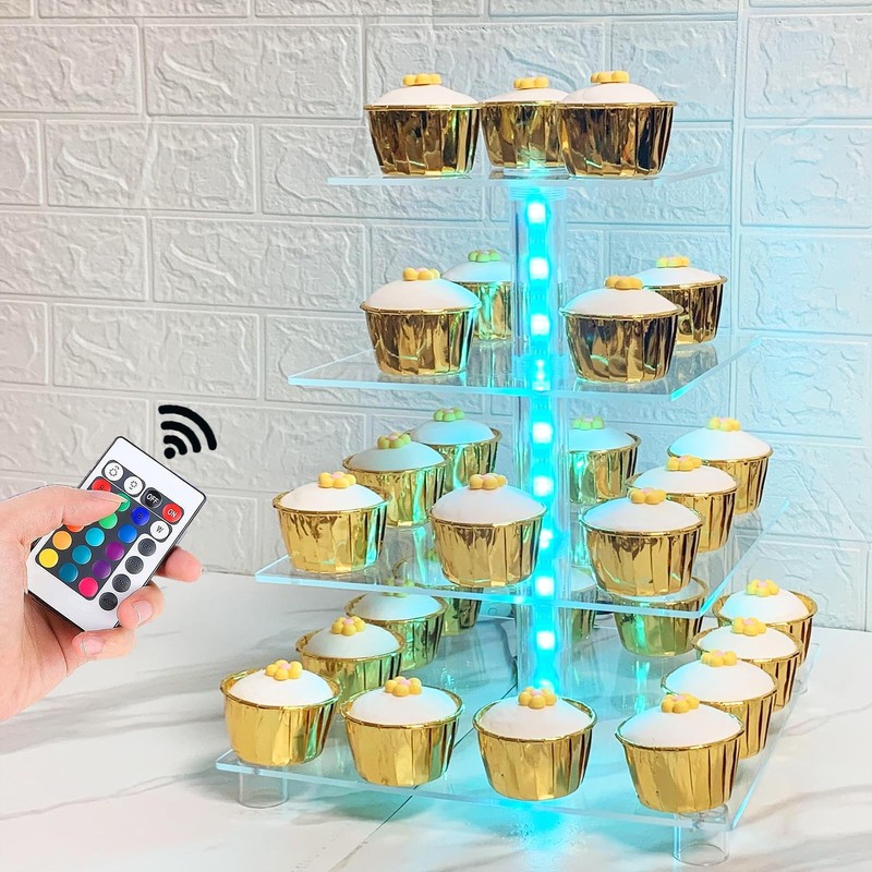 Cupcake Stand Acrylic 4 Tier Tower Display Cupcake Cake Stand with Remote LED…