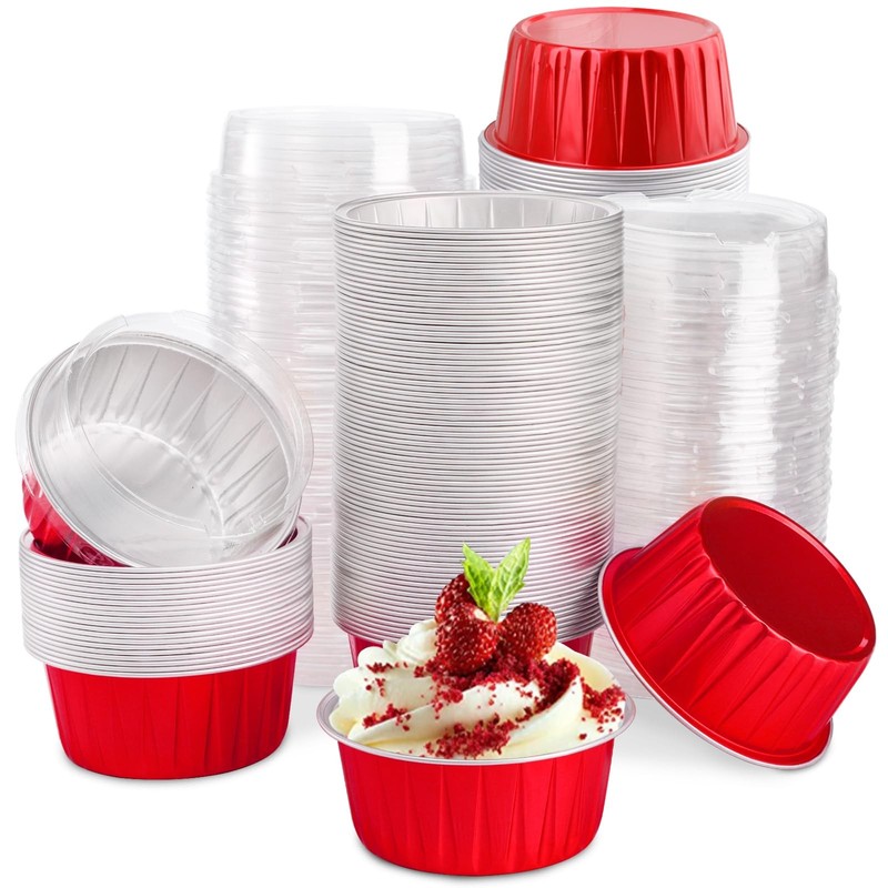 DEAYOU 100 Pack Aluminum Foil Cupcake Liners with Lids, 5oz Round Ramekin Bak…