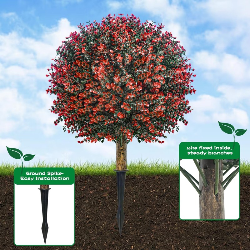 YUGYUM 2 Pack Artificial Red Topiary Ball Trees 24" UV Resistant Faux Boxwood Pl gallery