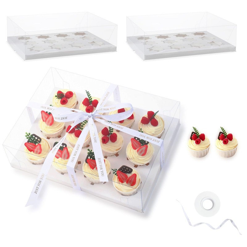 12 Count Clear Cupcake Boxes 10 Packs Cup Cake Holder Containers with Gift Ri…