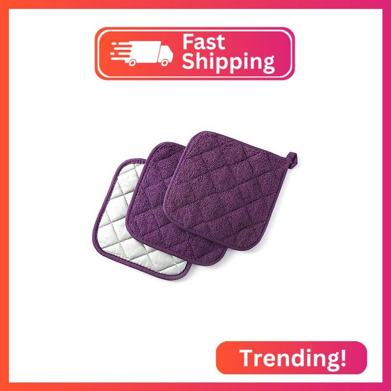 100% Cotton Basic Terry Collection Quilted，Pot Holder for Cooking and Baking，3 P