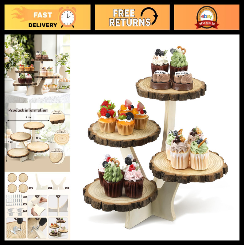 4 Tier Round Natural Wood Cupcake Stand – Tiered Dessert Display Holder for Part