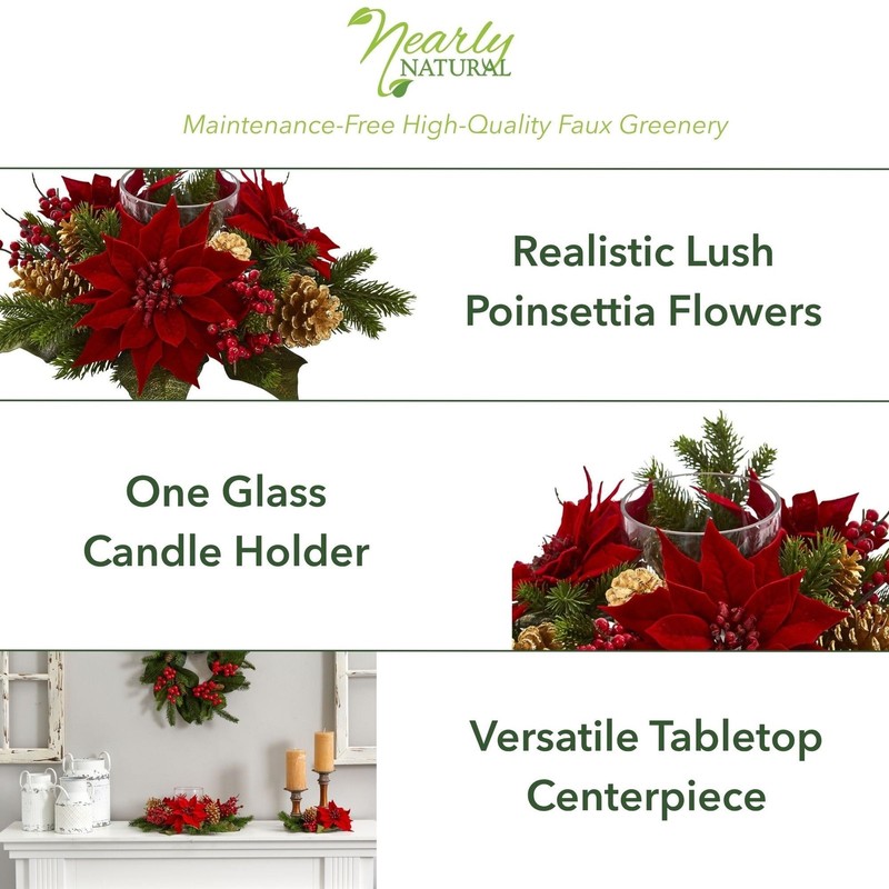 Nearly Natural Poinsettia Berry And Golden Pine Cone Candelabrum Artificial gallery