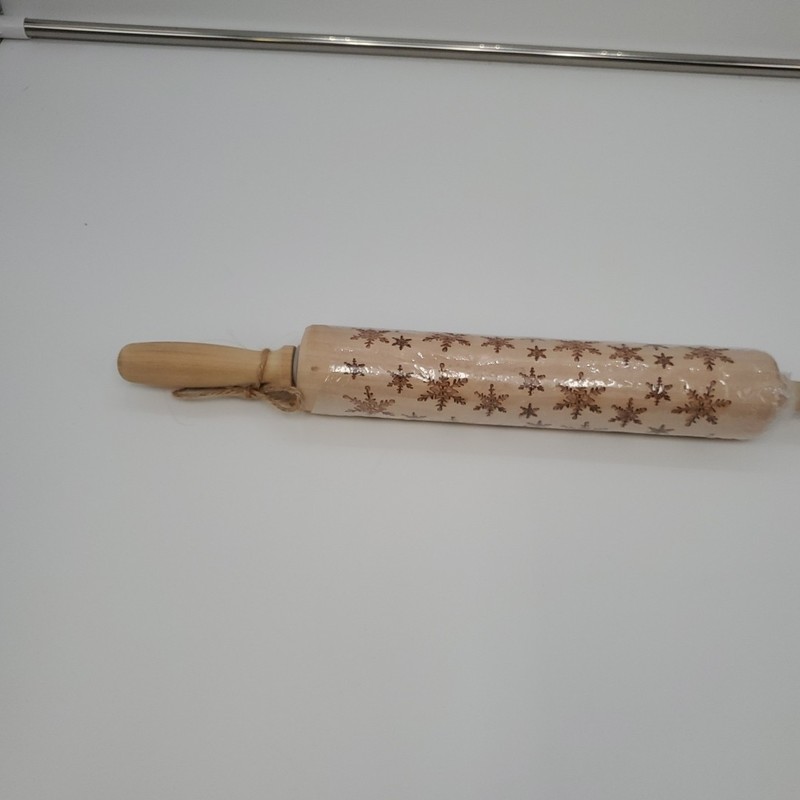 Christmas Rolling Pin Wood Carved Snowflakes 17" Cookie Dough Holiday Baking gallery