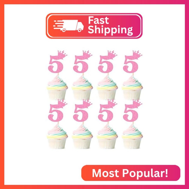 Ercadio 24 Pack Number 5 Cupcake Toppers Glitter Number 5 Cupcake Picks Happy 5t