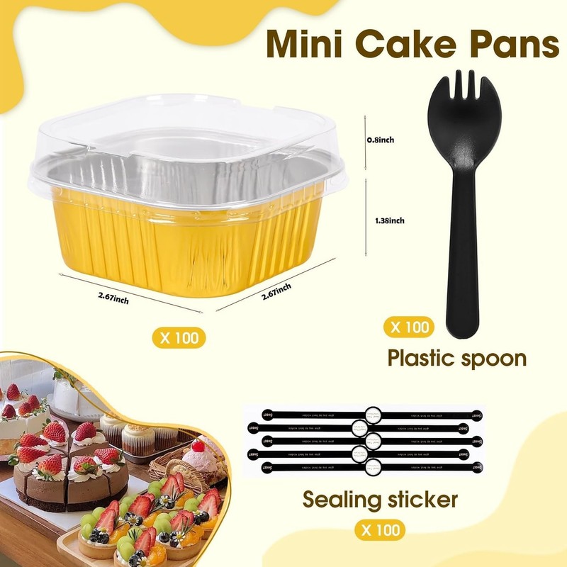 100 Pcs Mini Cake Pans W/ Lids 5oz Square Aluminum Foil Brownie Baking Cups gallery