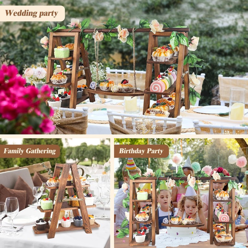 Wooden 3 Tier Cupcake Stand with Swing and Flower Decoration Serving Removabl... gallery