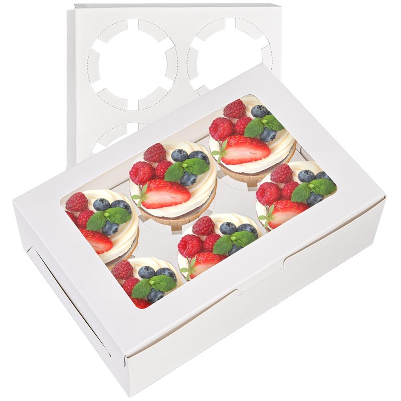 50 Pack White Bakery Muffin Box With Insert Window Hold 6 Standard Cupcakes