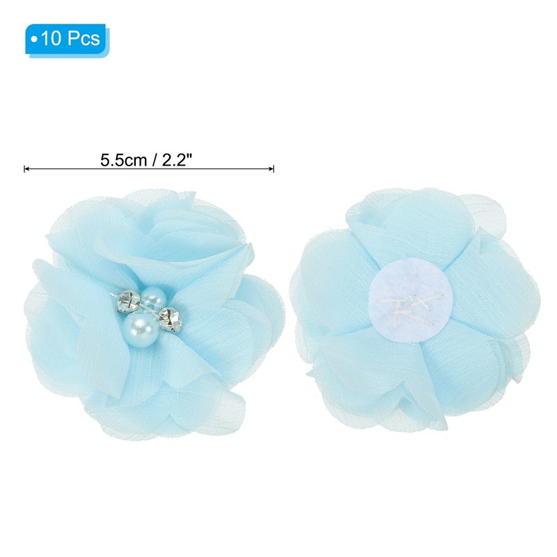 10Pcs 2" Chiffon Flowers with Rhinestone Pearl Appliques Embellishments Blue gallery