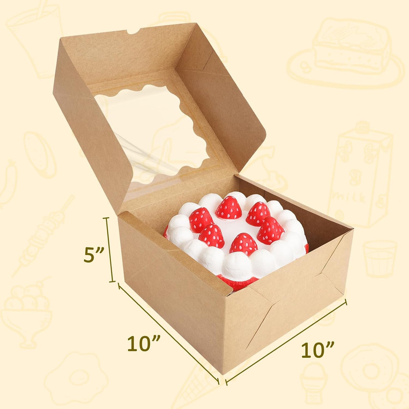 25 Pack 10X10X5 Cake Boxes with Window, Auto-Popup Brown Bakery Box | gallery