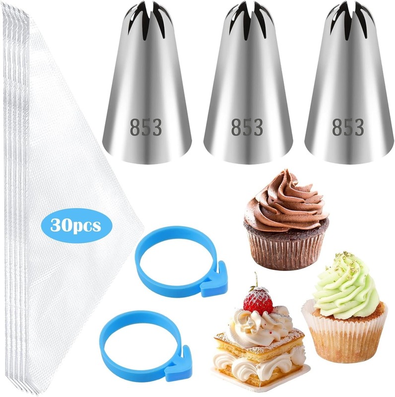 35pcs #853 Open Star Piping Tips and Bags Set, 3pcs 853 Frosting Tip with 30