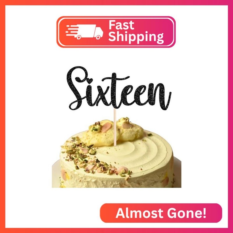 Rsstarxi 1 Pack Sixteen Birthday Cake Topper, 16th Birthday Cake Topper, Black 1